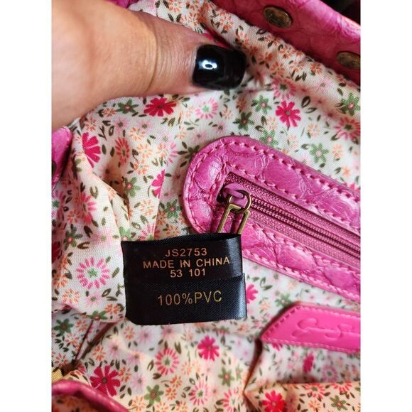 Jessica Simpson Hot Pink Vegan Leather Croc Embossed Ruffled Doctor Bag Purse - Picture 11 of 12